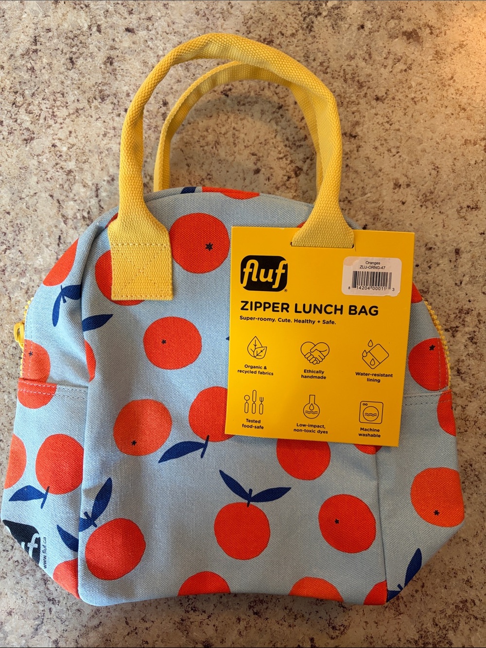 Kids Orange Print Zipper Lunch Bag in Light Blue with Yellow Handles
